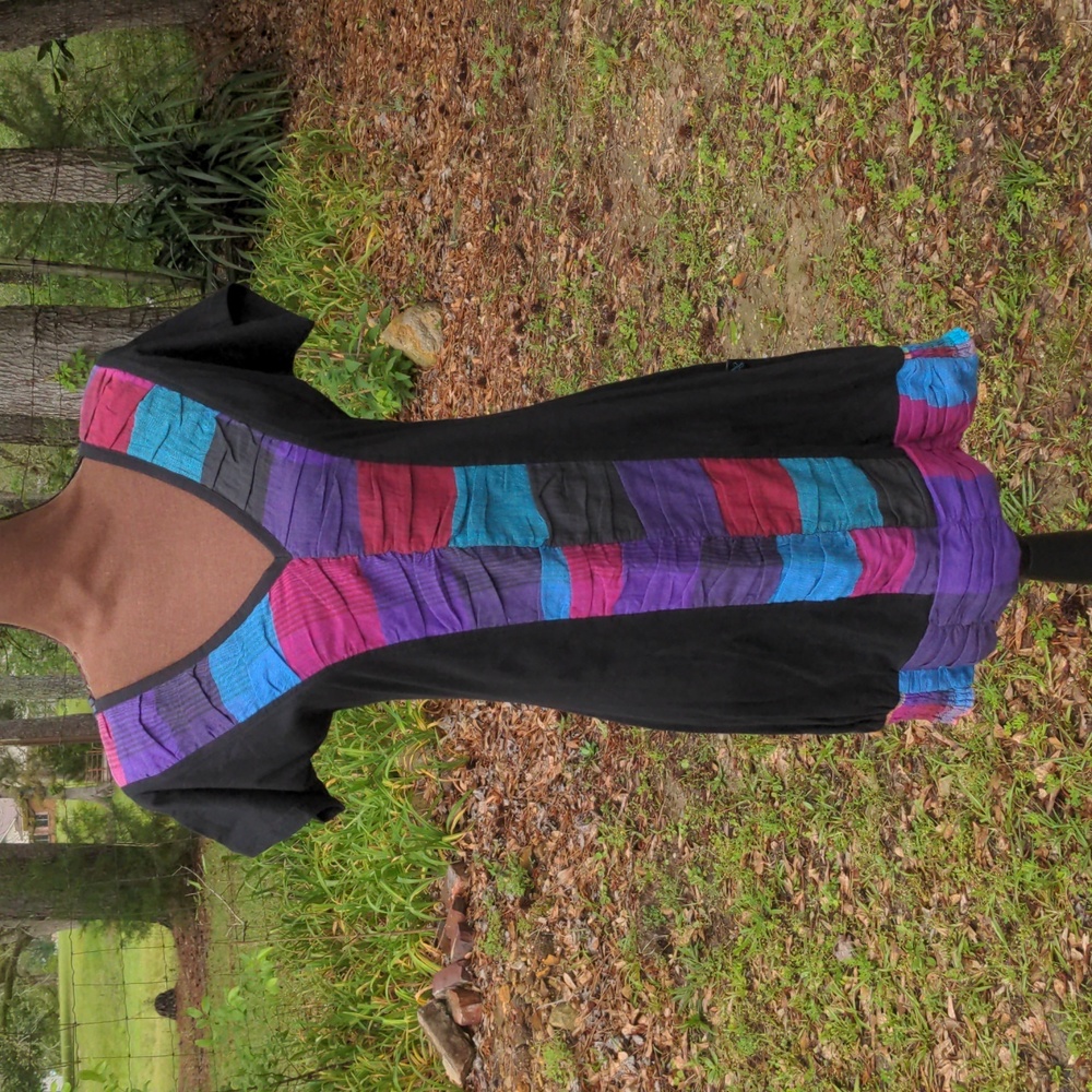 Leopards & Roses Black V-Neck Short Sleeve Dress w/ Color Block Turquoise Purple
